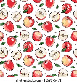 Hand drawn outline seamless vector pattern with red apples, apple slices and leaves