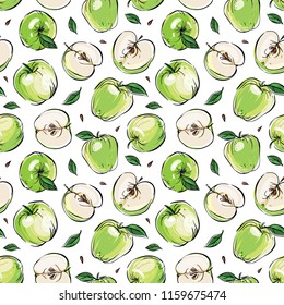 Hand drawn outline seamless vector pattern with green apples, apple slices and leaves