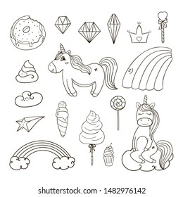 Hand drawn outline set of cute unicorn and fairy tales elements. Pretty Donut, crown, unicorn, cloud, rainbow, poop - vector doodle illustration in kids style.