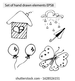 Hand drawn outline set EPS8. Set for valentine's day. Cloud, rain hearts, balllons, butterfly, umbrella, house