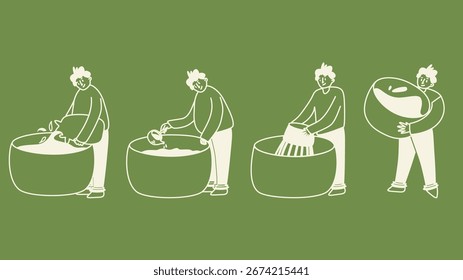 Hand drawn outline set of four illustrations showing a young man making matcha tea: adding leaves, whisking, pouring water, and holding a cup. Perfect for cafes, tea brands