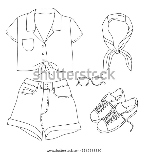 Hand Drawn Outline Set Summer Clothes Stock Vector Royalty