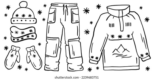 Hand drawn outline set of winter clothes and accessory: hat, scarf, coat, mitten, pants. Coloring book, coloring page. Vector illustration.