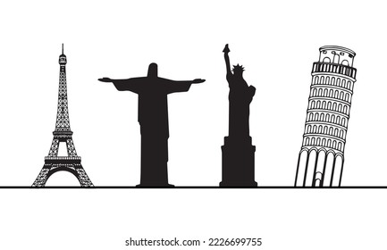 Hand drawn outline of sights: Statue of Liberty, Eiffel Tower, jesus monument and curved pizza tower