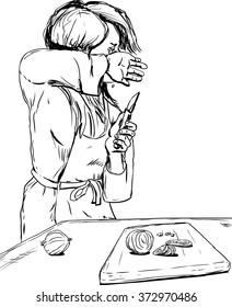 Hand drawn outline of single woman in apron wiping away tears as she chops onions