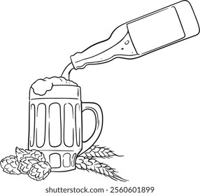 Hand drawn outline sketch of beer bottle and glasses. Vector illustration. Image for any kind of celebration. Vector set	
