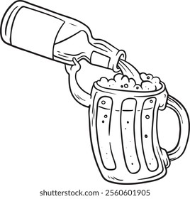 Hand drawn outline sketch of beer bottle and glasses. Vector illustration. Image for any kind of celebration. Vector set	
