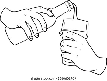 Hand drawn outline sketch of beer bottle and glasses. Vector illustration. Image for any kind of celebration. Vector set	
