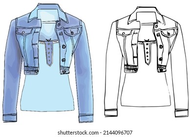 Hand drawn outline sketch of blue denim jacket and top for woman, Girl Fashion Illustration, Hand drawn jeans Jacket Images