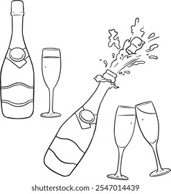 Hand drawn outline sketch of champagne bottle and two glasses. Vector illustration. Image for any kind of celebration. Vector set