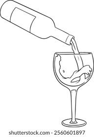 Hand drawn outline sketch of champagne bottle and glasses. Vector illustration. Image for any kind of celebration. Wine bottle and glasses. Vector set	