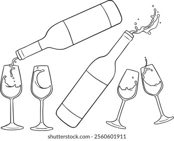 Hand drawn outline sketch of champagne bottle and two glasses. Vector illustration. Image for any kind of celebration. Wine bottle and glasses. Vector set	