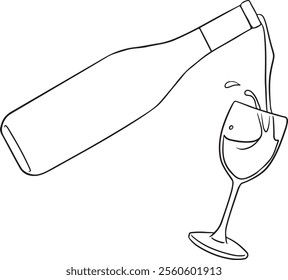 Hand drawn outline sketch of champagne bottle and glasses. Vector illustration. Image for any kind of celebration. Wine bottle and glasses. Vector set	