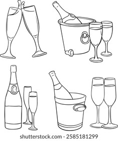 Hand drawn outline sketch of champagne bottle and two glasses. Vector illustration. Image for any kind of celebration. Vector set