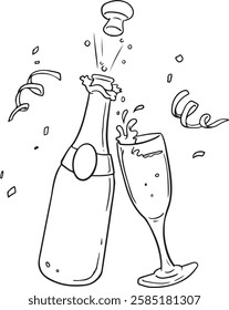 Hand drawn outline sketch of champagne bottle and glasses. Vector illustration. Image for any kind of celebration. Vector set