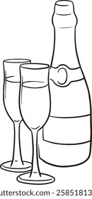 Hand drawn outline sketch of champagne bottle and two glasses. Vector illustration. Image for any kind of celebration. Vector set