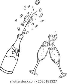 Hand drawn outline sketch of champagne bottle and two glasses. Vector illustration. Image for any kind of celebration. Vector set