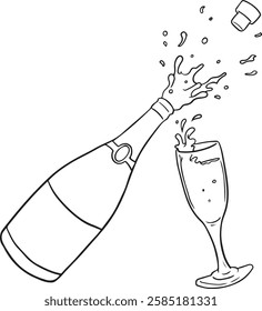 Hand drawn outline sketch of champagne bottle and glasses. Vector illustration. Image for any kind of celebration. Vector set