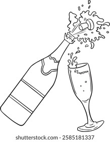 Hand drawn outline sketch of champagne bottle and glasses. Vector illustration. Image for any kind of celebration. Vector set