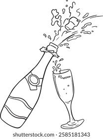 Hand drawn outline sketch of champagne bottle and glasses. Vector illustration. Image for any kind of celebration. Vector set