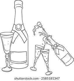 Hand drawn outline sketch of champagne bottle and two glasses. Vector illustration. Image for any kind of celebration. Vector set