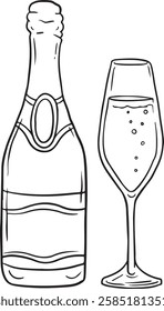 Hand drawn outline sketch of champagne bottle and glasses. Vector illustration. Image for any kind of celebration. Vector set