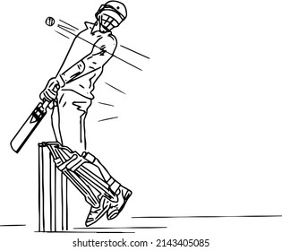 Hand Drawn Outline Sketch Drawing Of Cricket Batsman Ducking The Bouncer, Line Art Illustration Silhouette Of Cricket Batsman Facing Short Pitch Bouncer Bowling