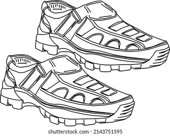 Hand drawn outline sketch drawing of designer Men leather shoes, Line art illustration silhouette of men footwear shoes