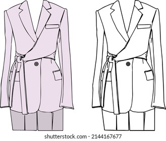 Hand drawn outline sketch drawing of woman casual top dress, Fashion attractive women in trendy clothes, VECTOR OUTLINE WOMAN TOP BLAZER