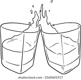 Hand drawn outline sketch of glass cups cheering together and celebrating, hand drawn single symbol and illustration. Juice glasses and drinks, original outline drawing.