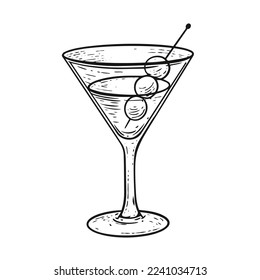 Hand drawn outline sketch style engraving martini cocktail vector art illustration.