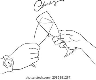 Hand drawn outline sketch of two hands clinking champagne or cocktail glasses in a celebratory toast. Perfect for party, wedding, New Year, or special occasion designs.