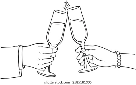 Hand drawn outline sketch of two hands clinking champagne or cocktail glasses in a celebratory toast. Perfect for party, wedding, New Year, or special occasion designs.