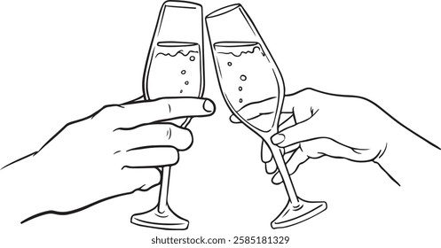 Hand drawn outline sketch of two hands clinking champagne or cocktail glasses in a celebratory toast. Perfect for party, wedding, New Year, or special occasion designs.