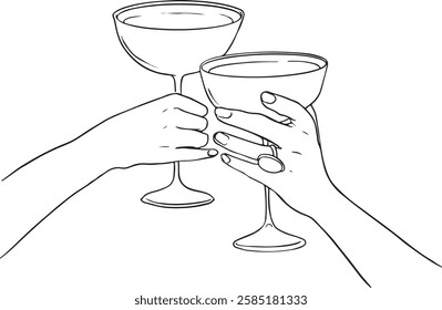 Hand drawn outline sketch of two hands clinking champagne or cocktail glasses in a celebratory toast. Perfect for party, wedding, New Year, or special occasion designs.