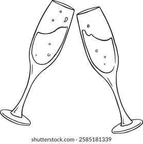 Hand drawn outline sketch of two hands clinking champagne or cocktail glasses in a celebratory toast. Perfect for party, wedding, New Year, or special occasion designs.