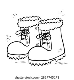 Hand drawn outline sketch of winter boots featuring laces and a fur collar isolated on white background