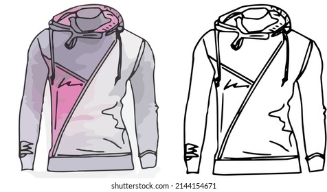 Hand drawn outline sketch of Zippered Contrast Panelled Drawstring Two Tone Hoodie, line art illustration silhouette of swet shirt