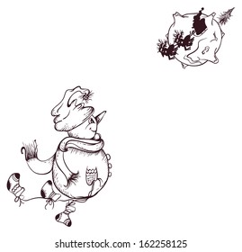 hand drawn outline snowman gazing at the moon