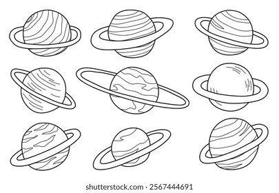 Hand drawn outline solar system white background.