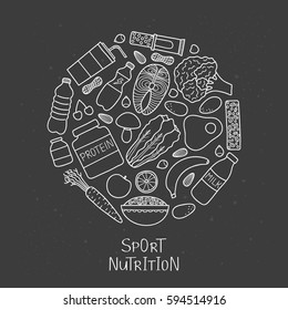 Hand drawn outline sport nutrition items including protein, fruits, nuts, vegetables, supplements, cereals and fish composed in circle shape. Healthy food for workout, fitness diet.