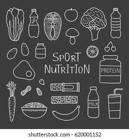 Hand drawn outline sport nutrition items including protein, fruits, nuts, vegetables, supplements, cereals and fish isolated on the blackboard. Healthy food for workout, fitness diet.