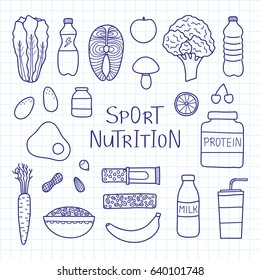 Hand drawn outline sport nutrition items including protein, fruits, nuts, vegetables, supplements, cereals and fish isolated on graph paper background. Healthy food for workout, fitness diet.