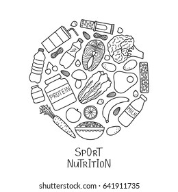 Hand drawn outline sport nutrition items including protein, fruits, nuts, vegetables, supplements, cereals and fish composed in circle shape. Healthy food for workout, fitness diet.