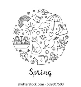Hand drawn outline spring items including sun, cloud, umbrella, boots, flowers, cat, bird, butterfly, ladybug and rainbow composed in circle shape with lettering.
