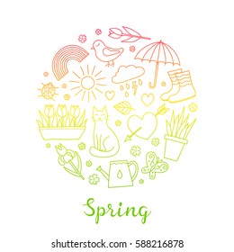 Hand drawn outline spring items including sun, cloud, umbrella, boots, flowers, cat, bird, butterfly, ladybug and rainbow composed in circle shape with lettering.