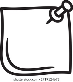 Contorno desenhado à mão de uma nota adesiva quadrada com um pino de pressão no canto sobre fundo branco