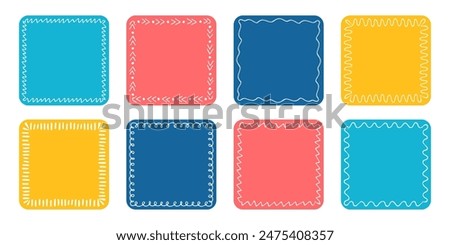 Hand drawn outline square text box set. Colorful doodle paper quote frame. Empty speech bubble. Blank kids simple textbox template collection. Abstract sticker label isolated on white
