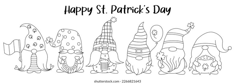 Hand drawn outline St. Patrick's Day Irish gnomes with clover for good luck. Set cute gnomes. Vector cartoon Leprechauns illustration for cards, decor, shirt design, banner, invitation to the pub.