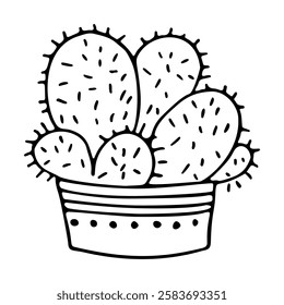 Hand drawn outline succulent in a pot isolated on a white background. Cactus in doodle style. Flowers in the desert. Vector illustration. Perfect for coloring book, greeting card, print.